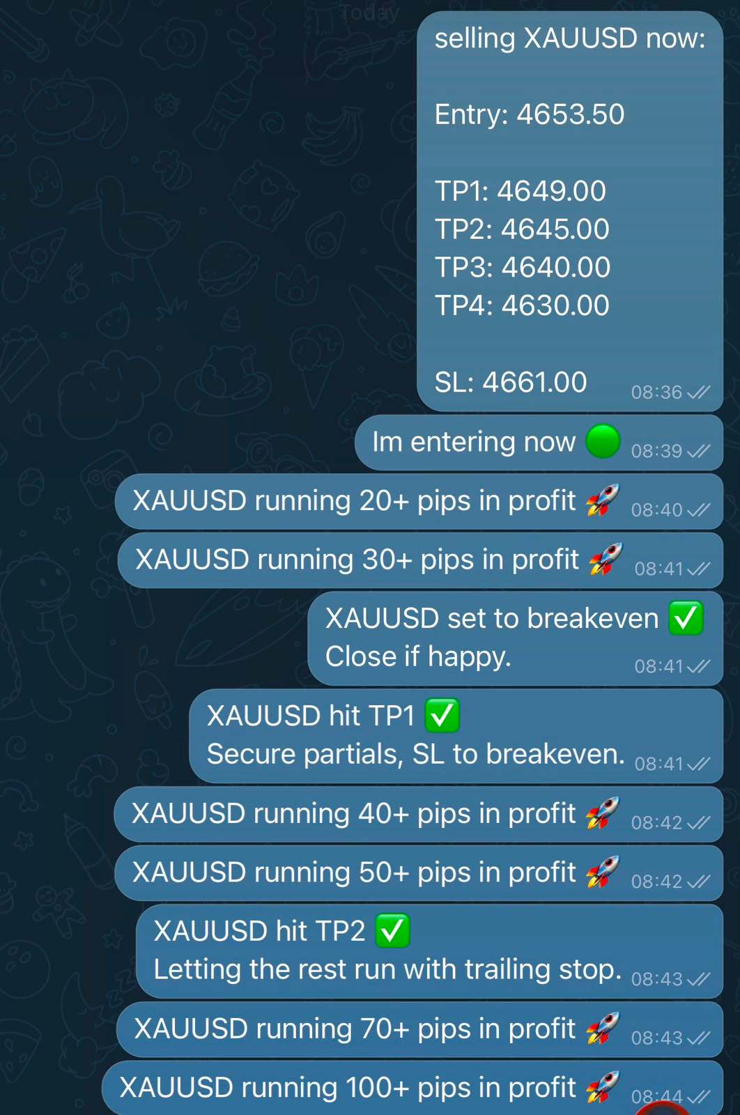 NeuroGold XAUUSD sell signal on Telegram hitting TP1 and TP2 with 100+ pips in profit